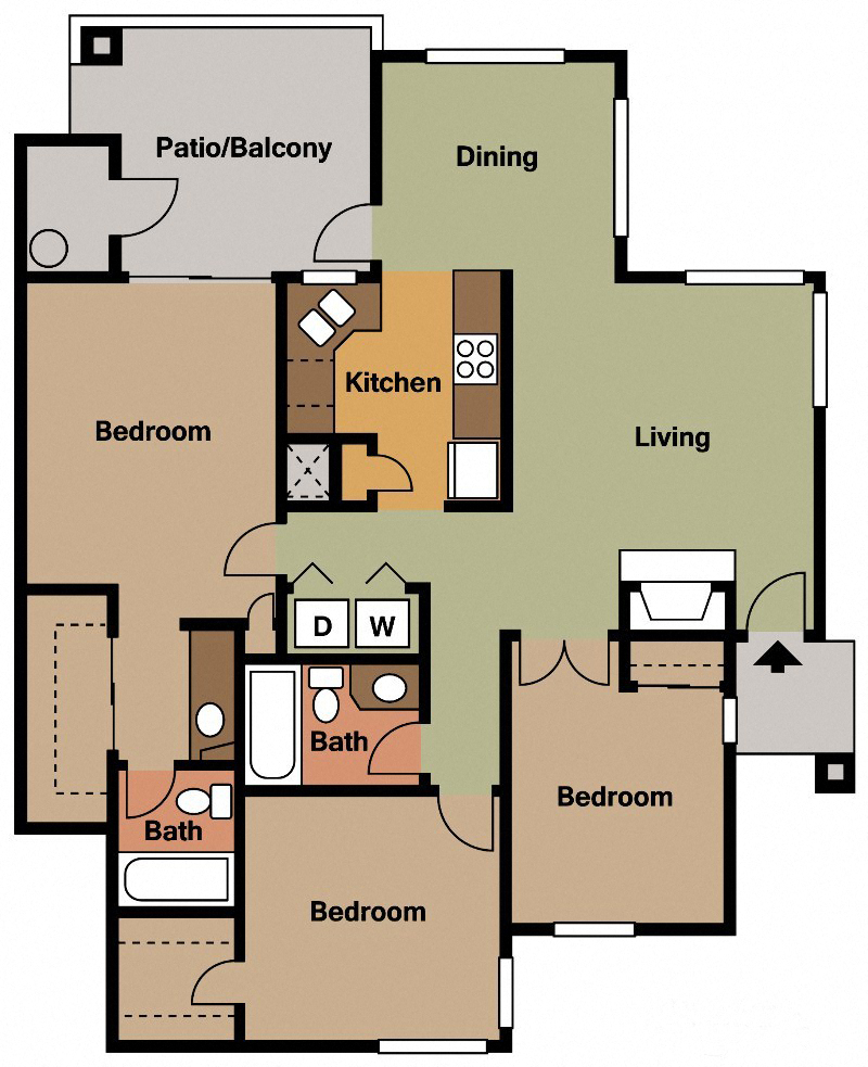 Floor plan for 3 beds, 2 baths, 1111 sqft